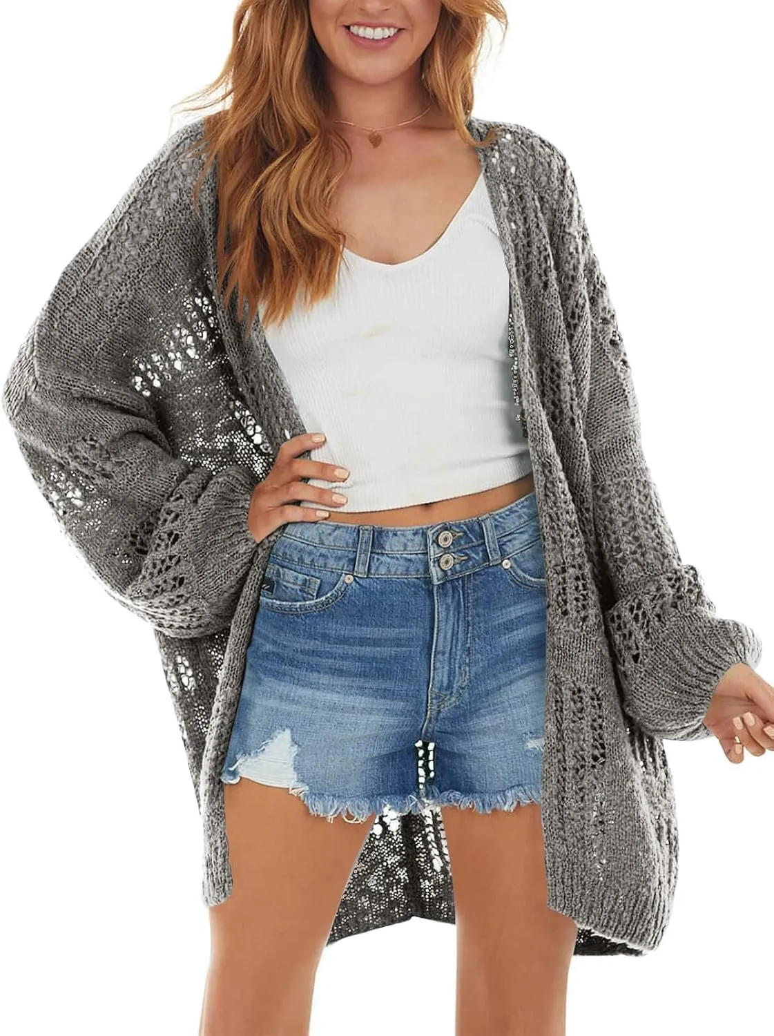 Newffr Womens Lightweight Crochet Oversized Cardigan Sweaters Kimono Boho Long Sleeve Open Front Knitted Cover Ups Grey