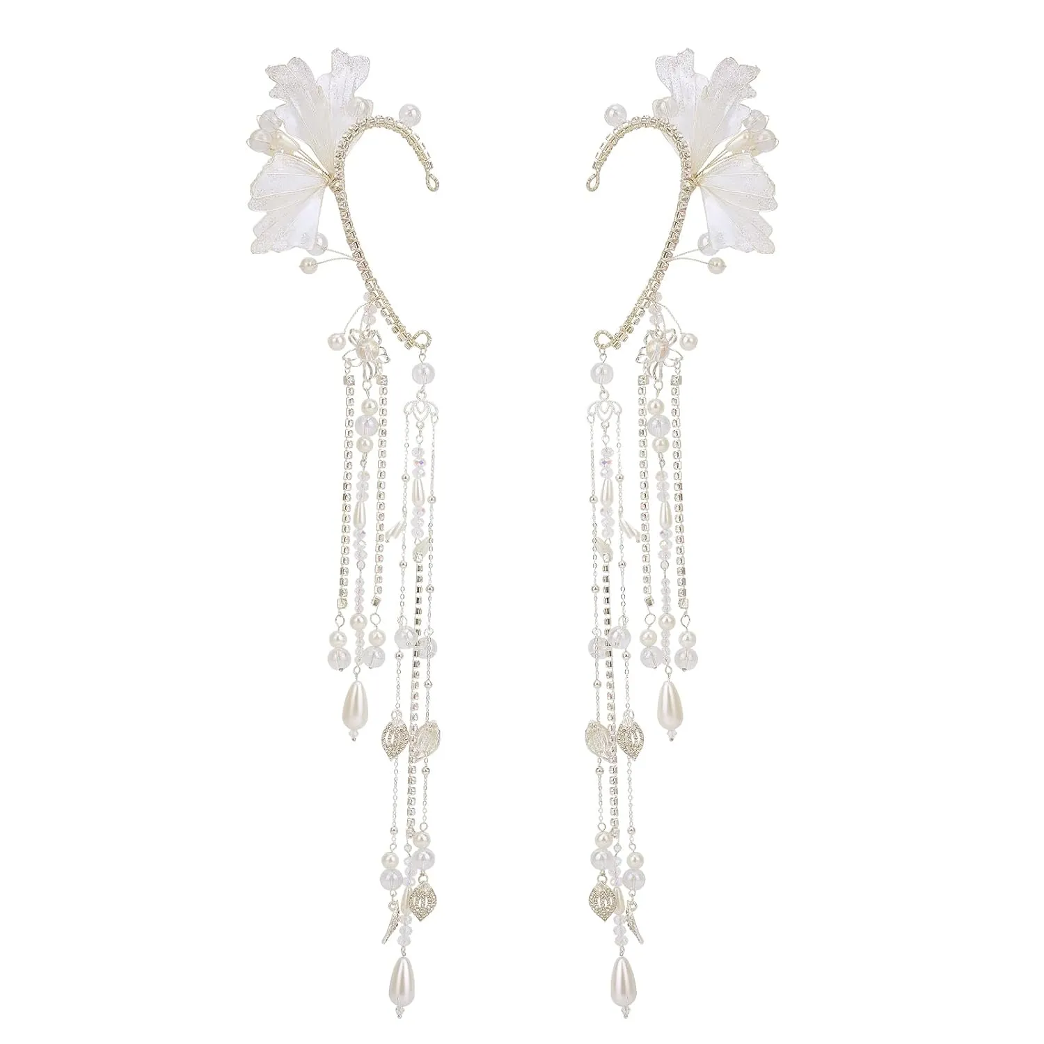 NICENEEDED Renaissance Fairy Elf Ear Cuffs, White Flower Elf Ear Cuffs with Tassel Non Piercing Elven Earrings for Women Adults Halloween Christmas Dress Up Costume Cosplay Wedding Accessories