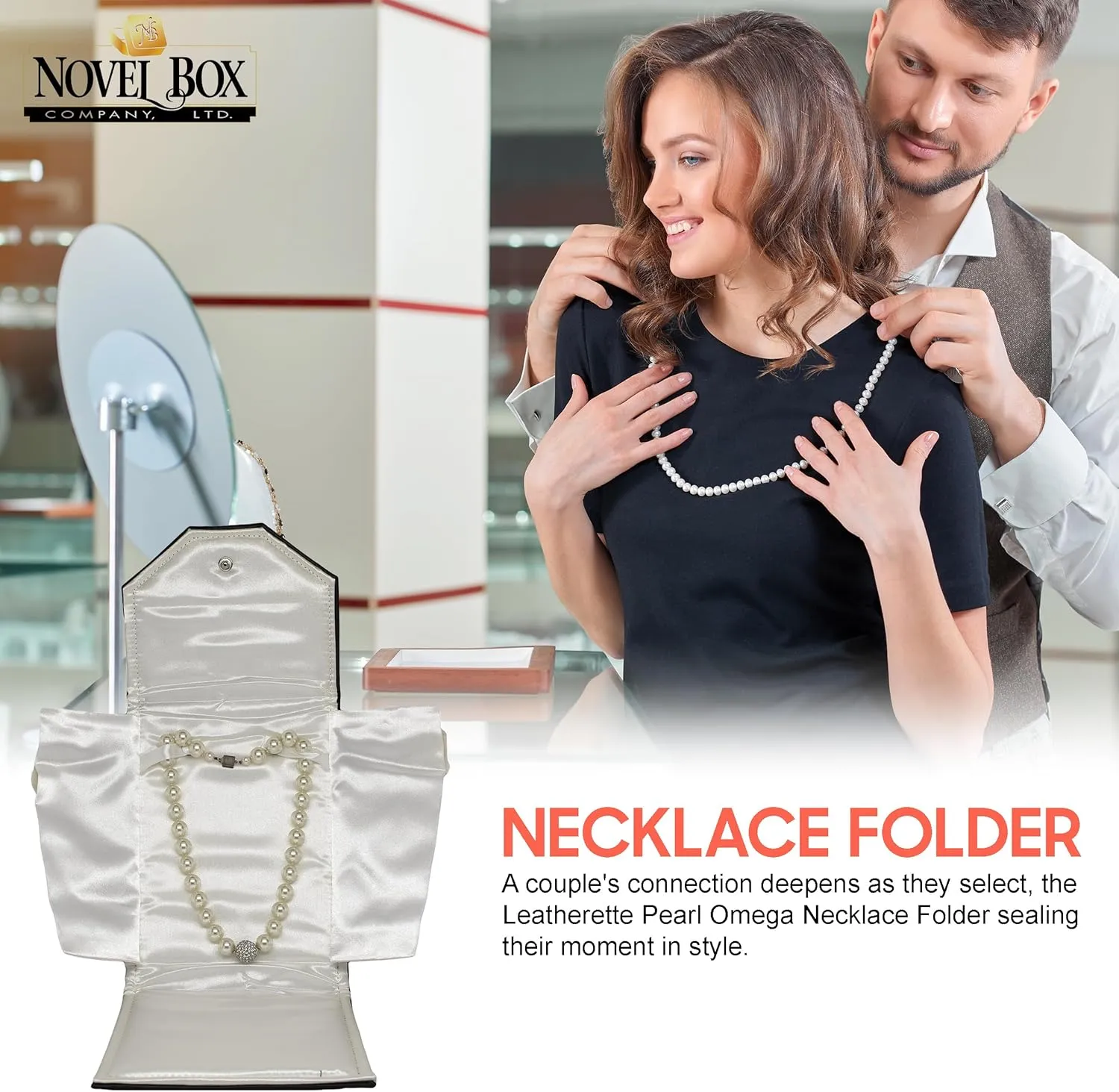 Novel Box Necklace Display Pearl Folder 8x6 inch Large Travel Jewelry Case - Wedding Jewelry Storage Holder with Smooth Finish - Jewelry Organizer Necklace Box - Black/White Stitched