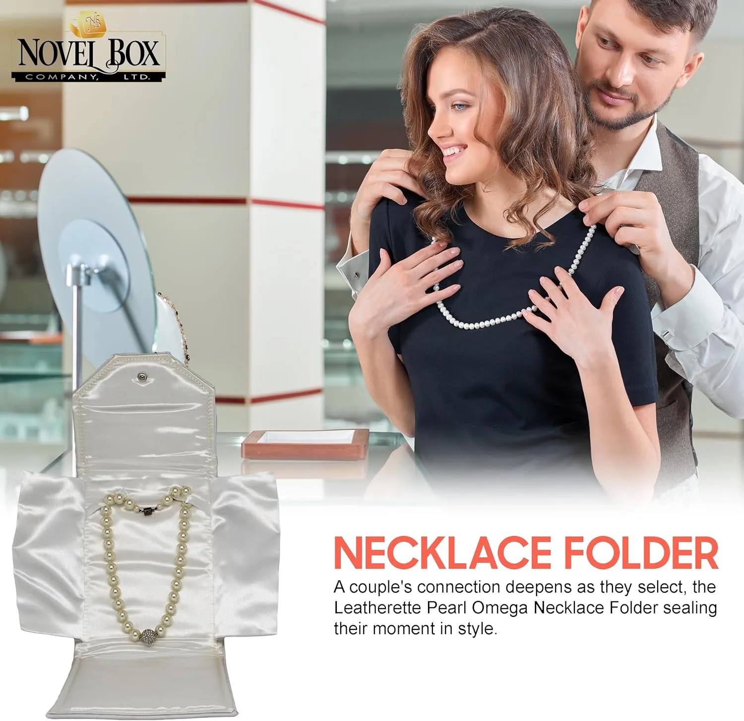 Novel Box Necklace Display Pearl Folder 8x6 inch Large Travel Jewelry Case - Wedding Jewelry Storage Holder with Smooth Finish - Jewelry Organizer Necklace Box - White/White Stitched