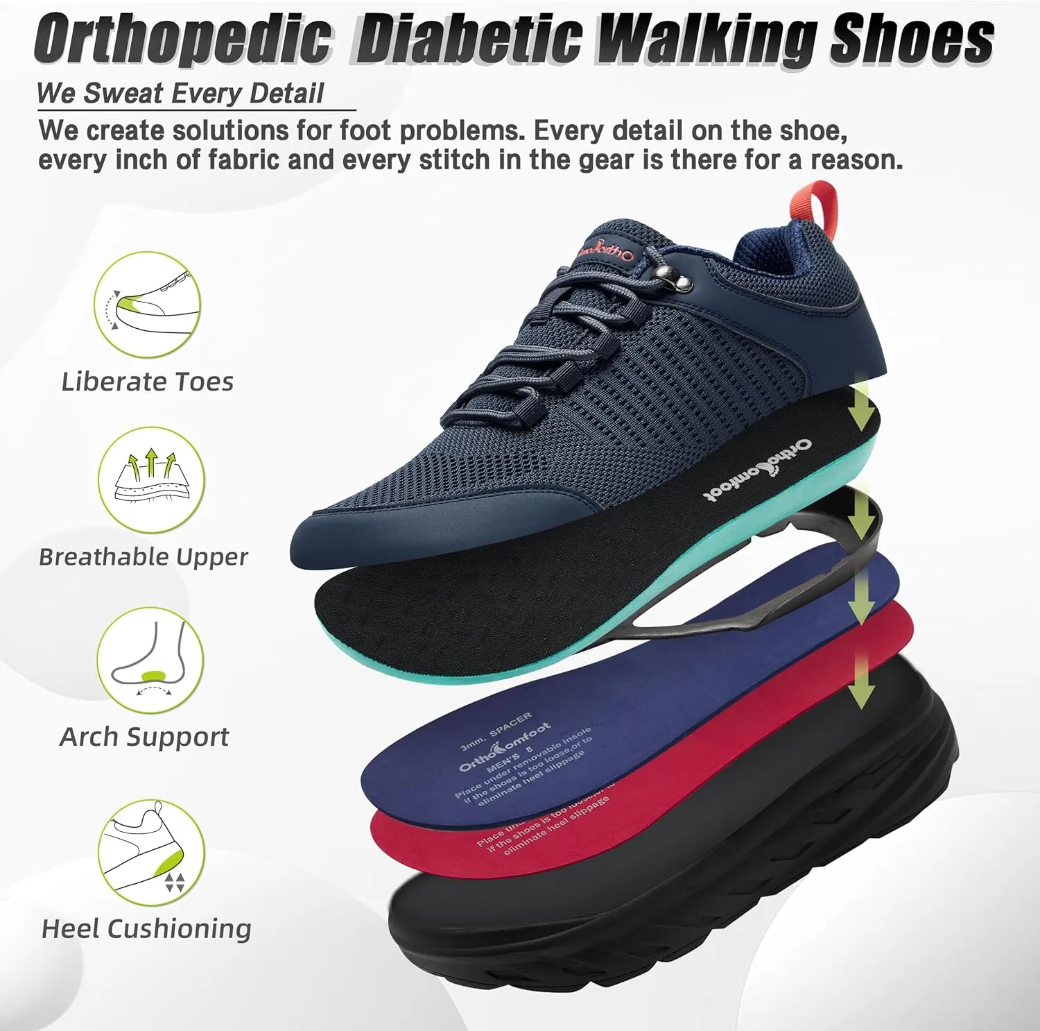 OrthoComfoot Men's Orthopedic Comfortable Diabetic Wide Shoes: Wide Toe Box Arch Support Plantar Fasciitis Sports Sneakers,Fashion Casual Hammer Toes Shoes for Foot and Heel Pain Relief