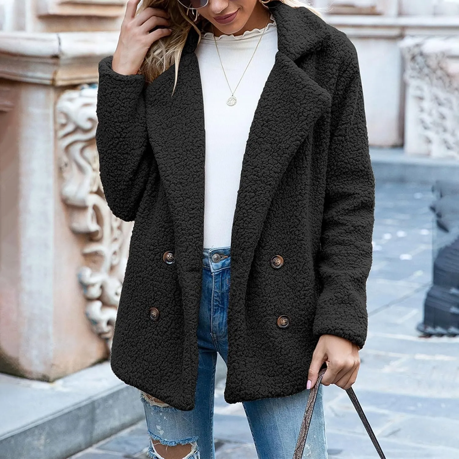 Oversized Fuzzy Fleece Jackets for Women Lapel Neck 2025 Parka Warm Pullovers Casual Loose Sweatshrits with Pockets