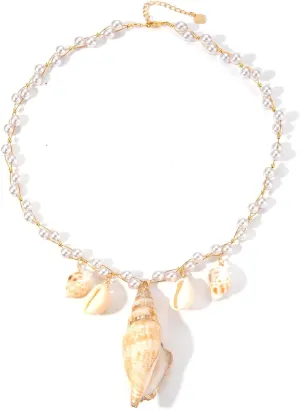Pearl Necklace for Women Shell Necklace Conch Shell Necklace Adjustable Choker Beach Necklace Summer Surfer Necklace Natural Seashell Pendant Necklace Handmade Beaded Necklace Summer Jewelry Gift