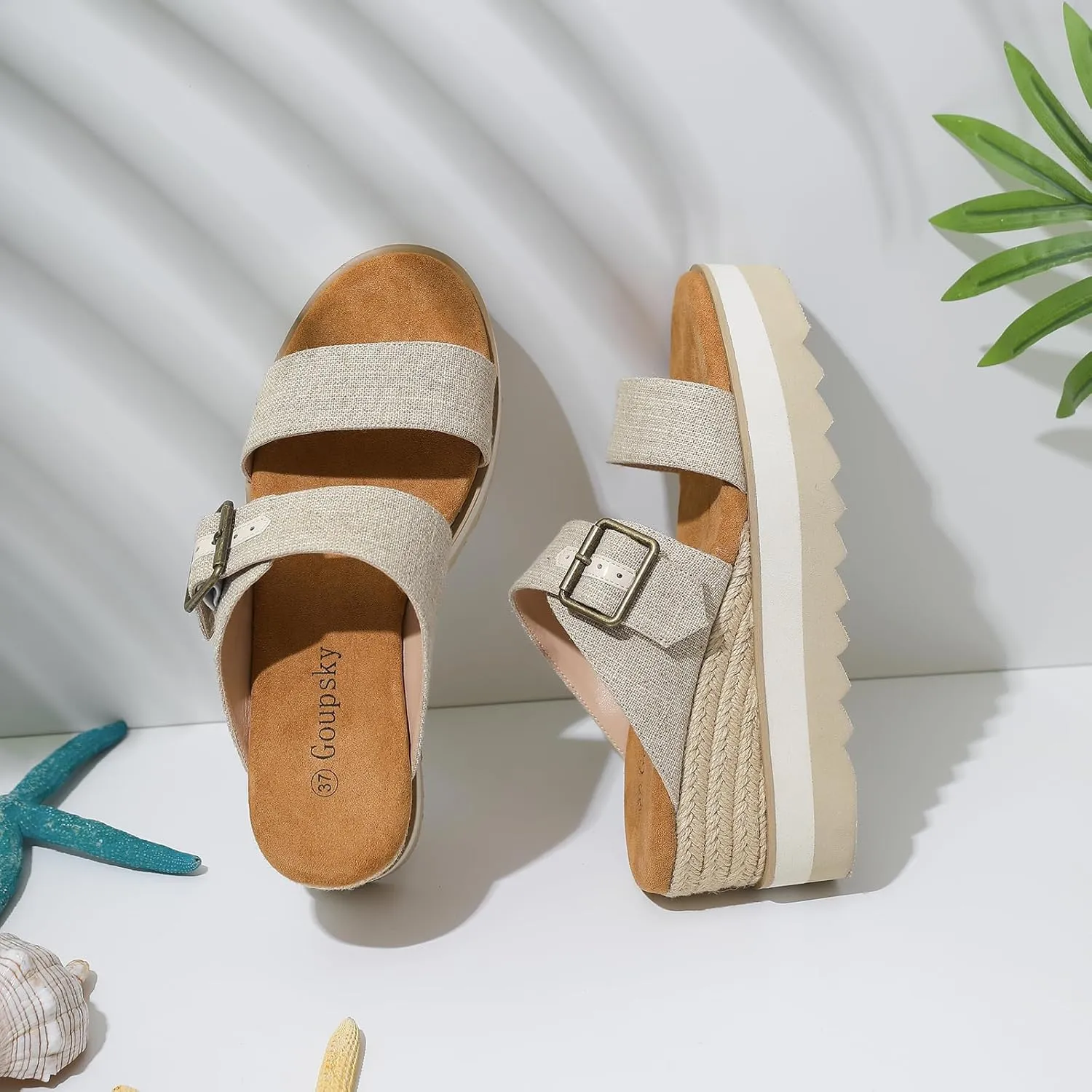 Platform Sandals Raffia Wedge Mules for Women Round Open Toe Slip On Sandals Espadrilles Womens Slides Shoes for Vacation Summer Beach