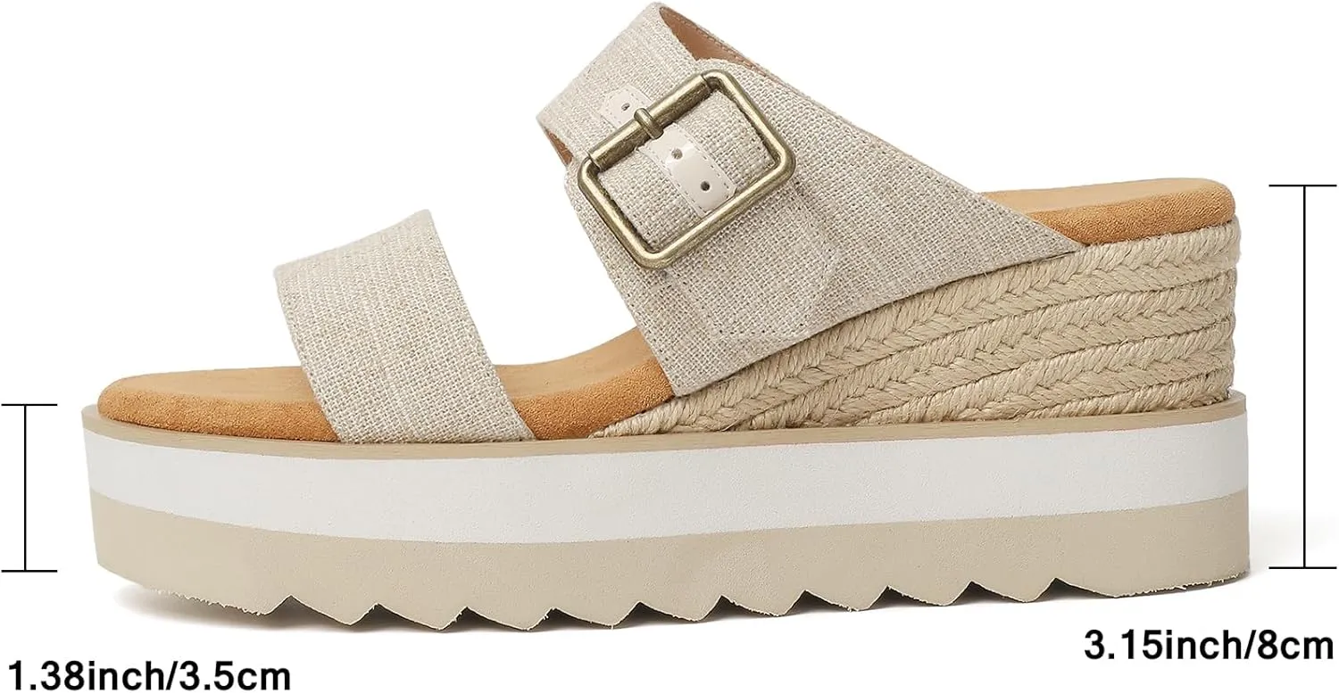 Platform Sandals Raffia Wedge Mules for Women Round Open Toe Slip On Sandals Espadrilles Womens Slides Shoes for Vacation Summer Beach