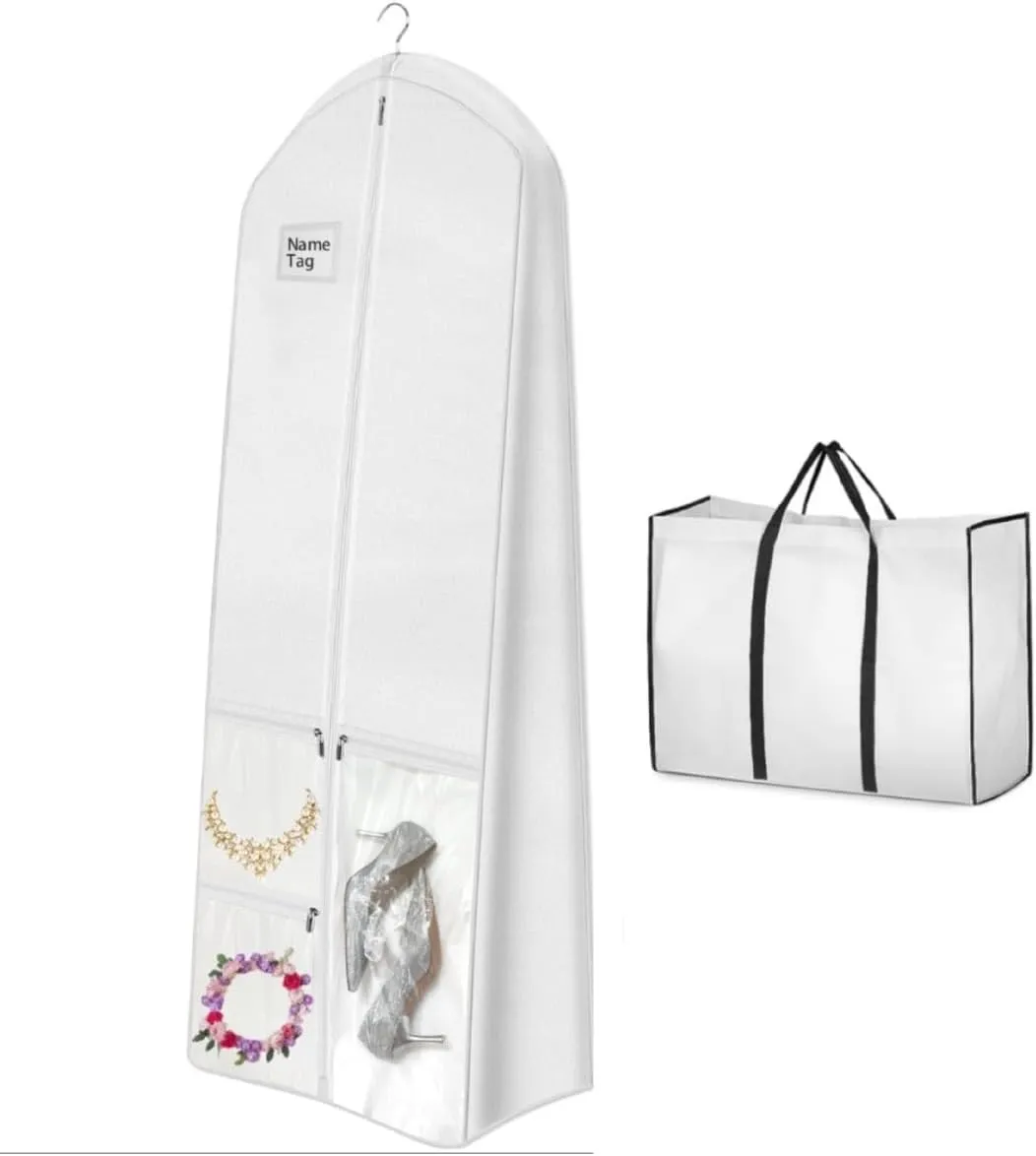 Portable 70" Bridal Wedding Gown Dress Garment Bag with Accessories Pouch Large Travel Garment Cover 8" Gusset 3 Pockets Dress Cover for Women, White