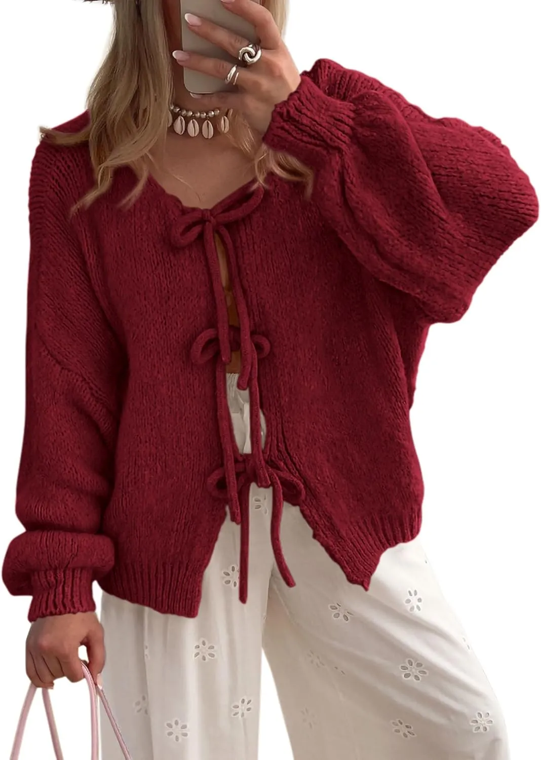 PRETTYGARDEN Women's Tie Front Bow Cardigan Sweaters Chunky Knit Long Puff Sleeve Trendy Fall Winter Jacket Coats
