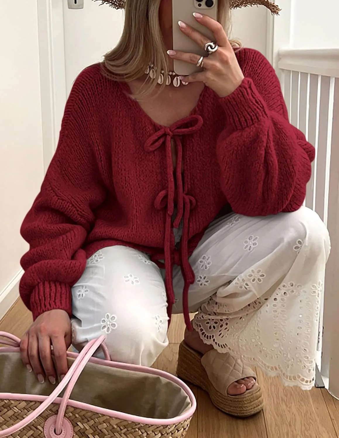 PRETTYGARDEN Women's Tie Front Bow Cardigan Sweaters Chunky Knit Long Puff Sleeve Trendy Fall Winter Jacket Coats