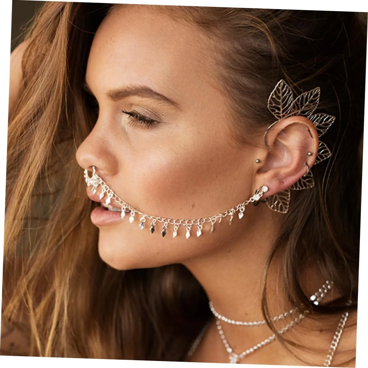 PRETYZOOM 2pcs Nose Ear Ring Punk Earrings Ear to Nose Clip Tassel Nose Clip Ear to Nose Chain