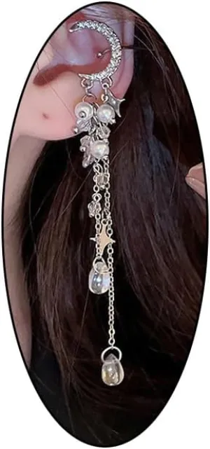 Punk Silver Moon Star Earring Cuffs Non Pierced for Women, Sparkly Crystal Pearls Climber Tassel Drop Earrings Charm Long Moon Star Dangle Ear Jewelry