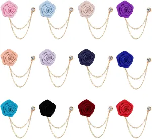 Quelay 12 Pcs Lapel Pin for Men Suits Rose Lapel Pin Men's Suit Accessories Floral Men's Pin Bridegroom Wedding Brooches with Hanging Tassel Chain for Career Tuxedo of Shirts Tie Birthday Gift
