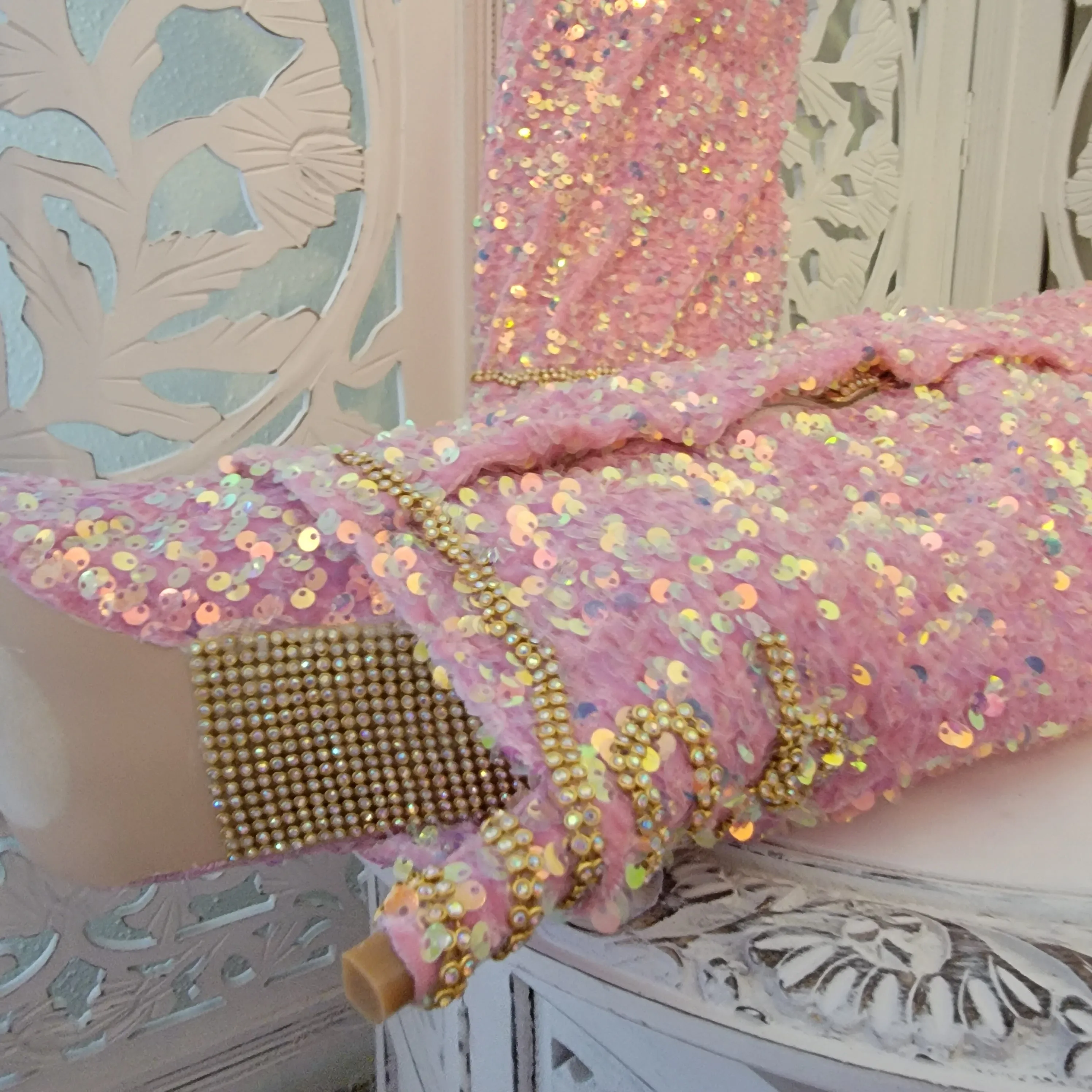"KAYA" Iridescent Pink Sequin Velvet Over The Knee Boots