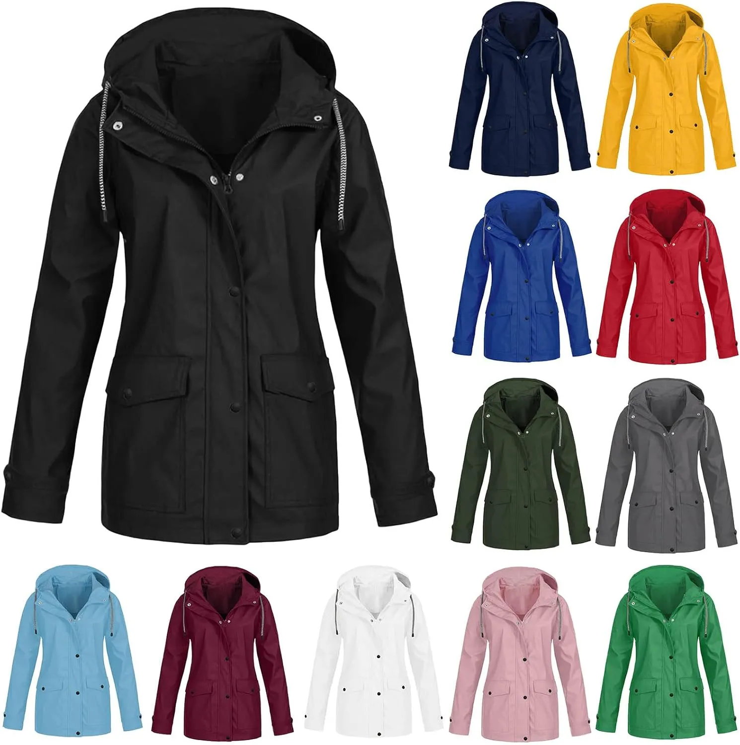 Rain Jackets Women Lightweight Hooded Trench Coats Button Down Coats Zip Up Windbreaker Plus Size Hiking Windbreaker