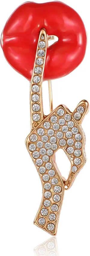 Red Lip Rhinestone Brooch for Women, Quiet Gestures Statement Brooches Crystal Lapel Pins Dress Suit Enamel Pins Party Ceremony Banquet Decoration Jewelry Lover Gift