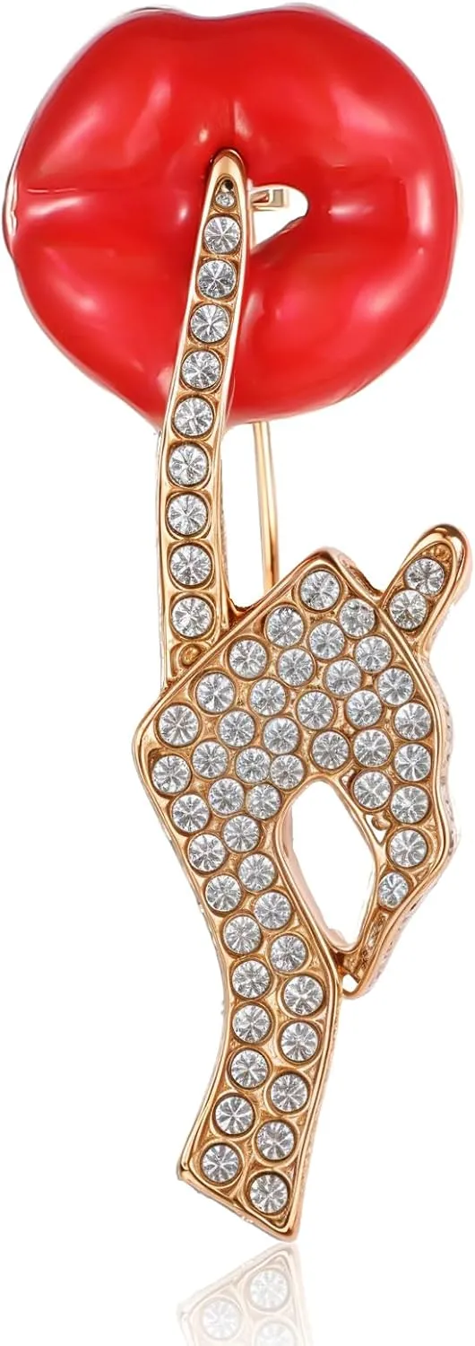 Red Lip Rhinestone Brooch for Women, Quiet Gestures Statement Brooches Crystal Lapel Pins Dress Suit Enamel Pins Party Ceremony Banquet Decoration Jewelry Lover Gift