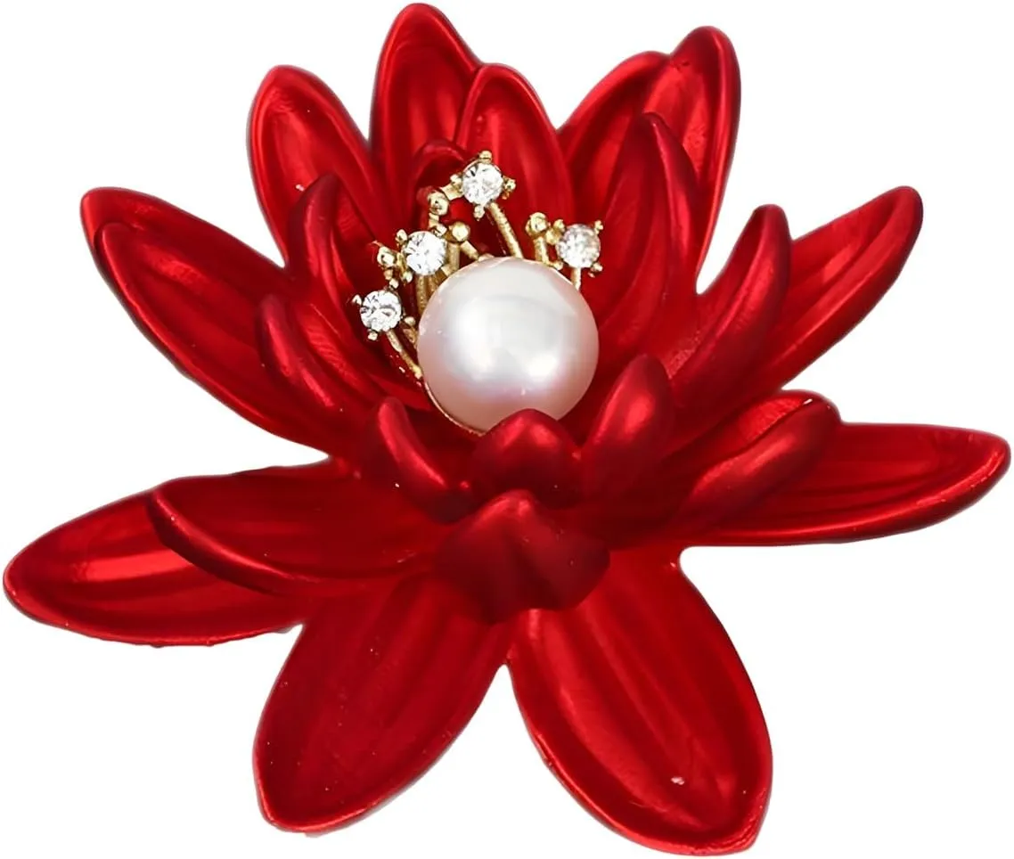 Red Rhinestone Flower Brooch Cute Lotus Floral Crystal Pearl Brooches and Pins for Women Gold brooch Fashion Jewelry for Women Gift