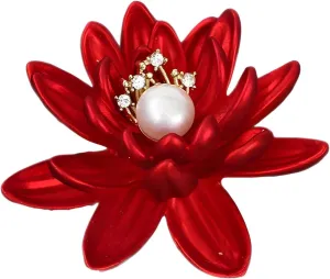 Red Rhinestone Flower Brooch Cute Lotus Floral Crystal Pearl Brooches and Pins for Women Gold brooch Fashion Jewelry for Women Gift