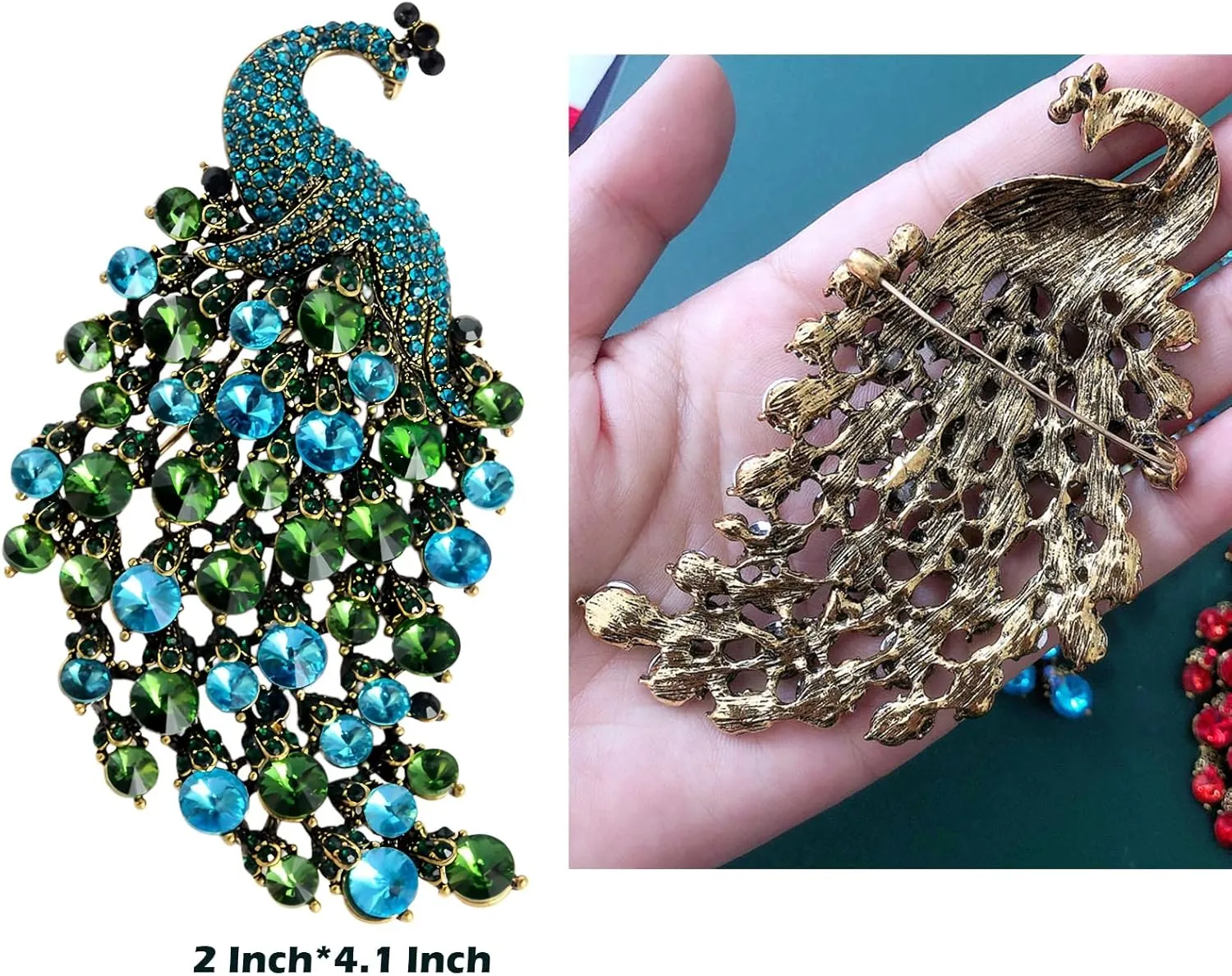 Rhinestone Peacock Brooch Pin for Women Girls Crystal Bird Animal Brooches Lapel Pins Dress Accessories Wedding Mother's Day Birthday Jewelry Gift