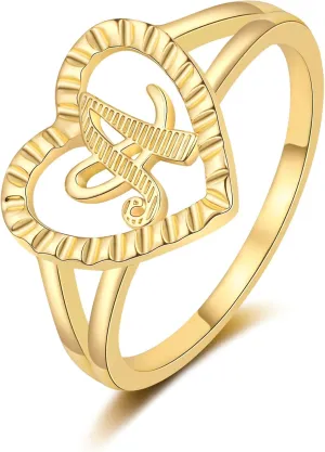 RLMOON Gold Initial Ring for Women Vintage Initial Heart Love Ring Non Tarnish 14K Gold Plated Personalized Carved Letter Statement Stacking Ring Size 6-10 Jewelry Gifts