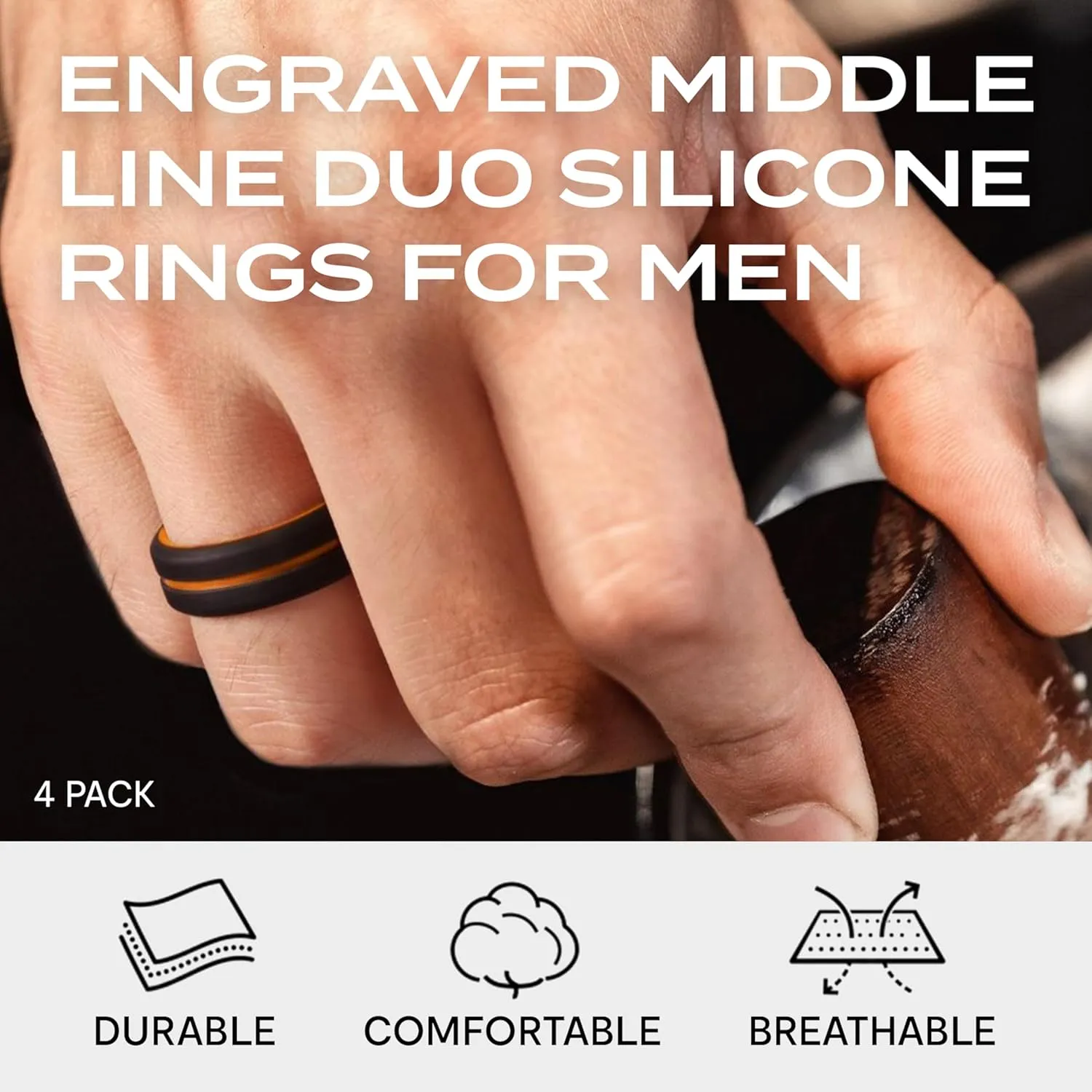 ROQ Men's Silicone Rings - Mens Silicone Wedding Band & Rubber Engagement Ring for Men - Breathable Comfort Fit Silicone Rings for Him - Engraved Middle Line - Singles, Duos, Multipacks & Multi Colors