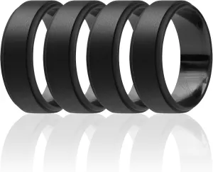 ROQ Silicone Rubber Wedding Ring for Men, Comfort Fit, Men's Wedding Band, Breathable Rubber Engagement Band, 8mm Wide 2mm Thick, Step Edge, 4 Pack, Black, Size 12