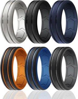 ROQ Silicone Rubber Wedding Ring for Men, Comfort Fit, Men's Wedding Band, Enhanced Breathability, Beveled Edge 2 Lines Duo Inner Arrow Shape Grooves, 8mm Wide 2mm Thick, 6 Pack