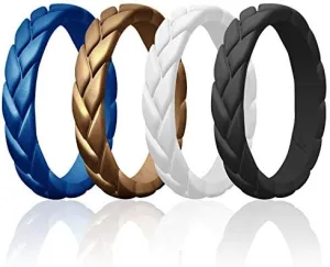 ROQ Silicone Rubber Wedding Rings for Women, Thin Stackable Rubber Silicone Wedding Band, Bridal Jewelry Set, Anniversary Rings, Promise Ring, Flame Leaves & Leaves Style, Multi Packs, Multi Colors