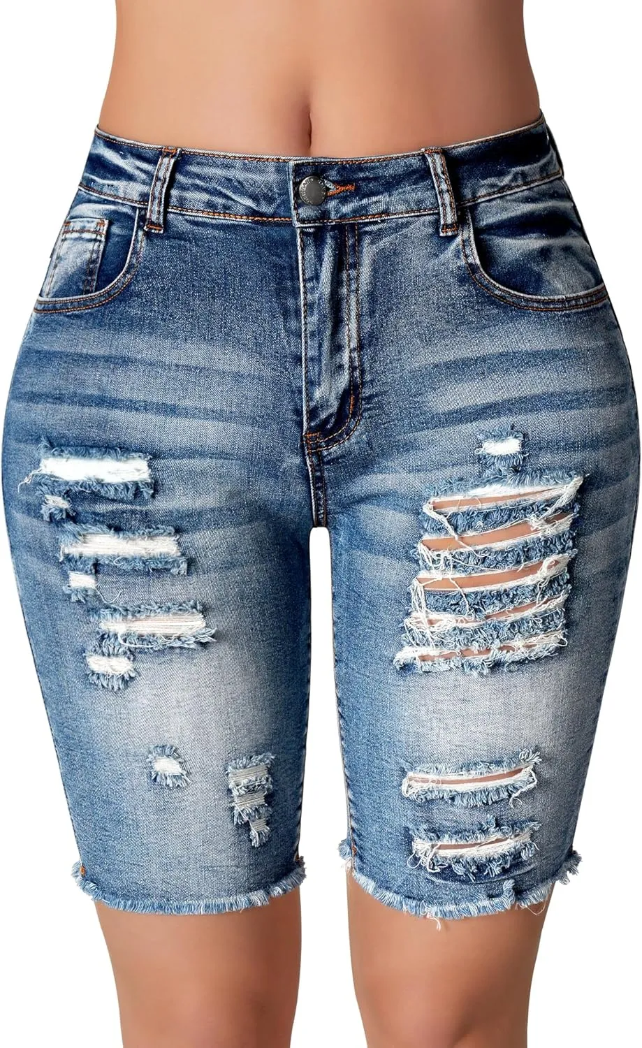 roswear Women's Mid Rise Stretchy Denim Bermuda Shorts Frayed Hem Curvy Distressed Jean Shorts