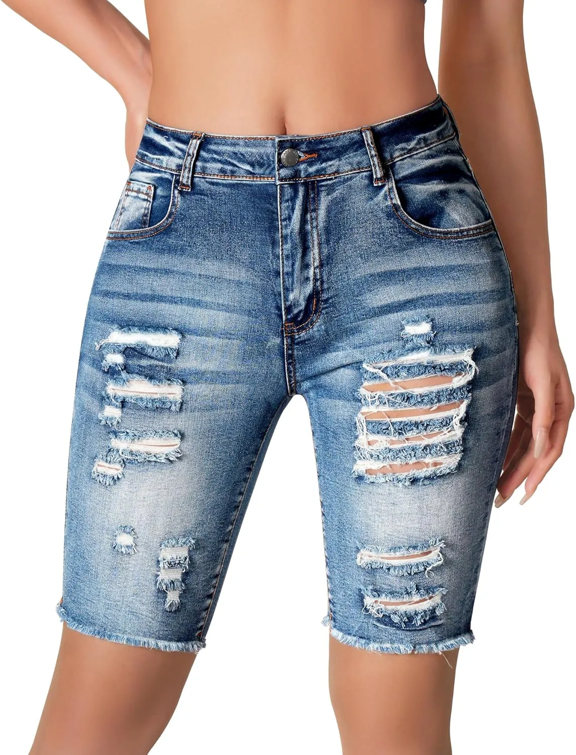 roswear Women's Mid Rise Stretchy Denim Bermuda Shorts Frayed Hem Curvy Distressed Jean Shorts