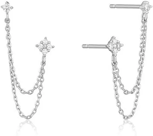 Round CZ Flower Double Piercing Studs With Chain Cuff 925 Sterling Silver Earrings for Women Cartilage Two Holes Tassel Threader Dangle Drop Hypoallergenic Climber Crawler