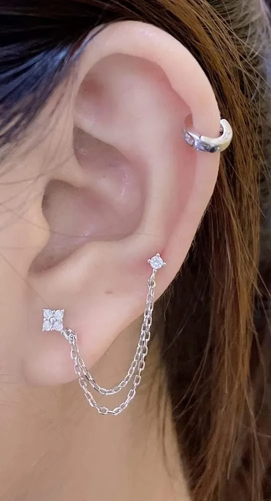 Round CZ Flower Double Piercing Studs With Chain Cuff 925 Sterling Silver Earrings for Women Cartilage Two Holes Tassel Threader Dangle Drop Hypoallergenic Climber Crawler
