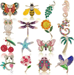 Sasylvia 16 Pcs Women Brooch Set Rhinestone Vintage Animal Insect Plant Pins Brooches Bulk for Women Girls Mother's Day Gifts