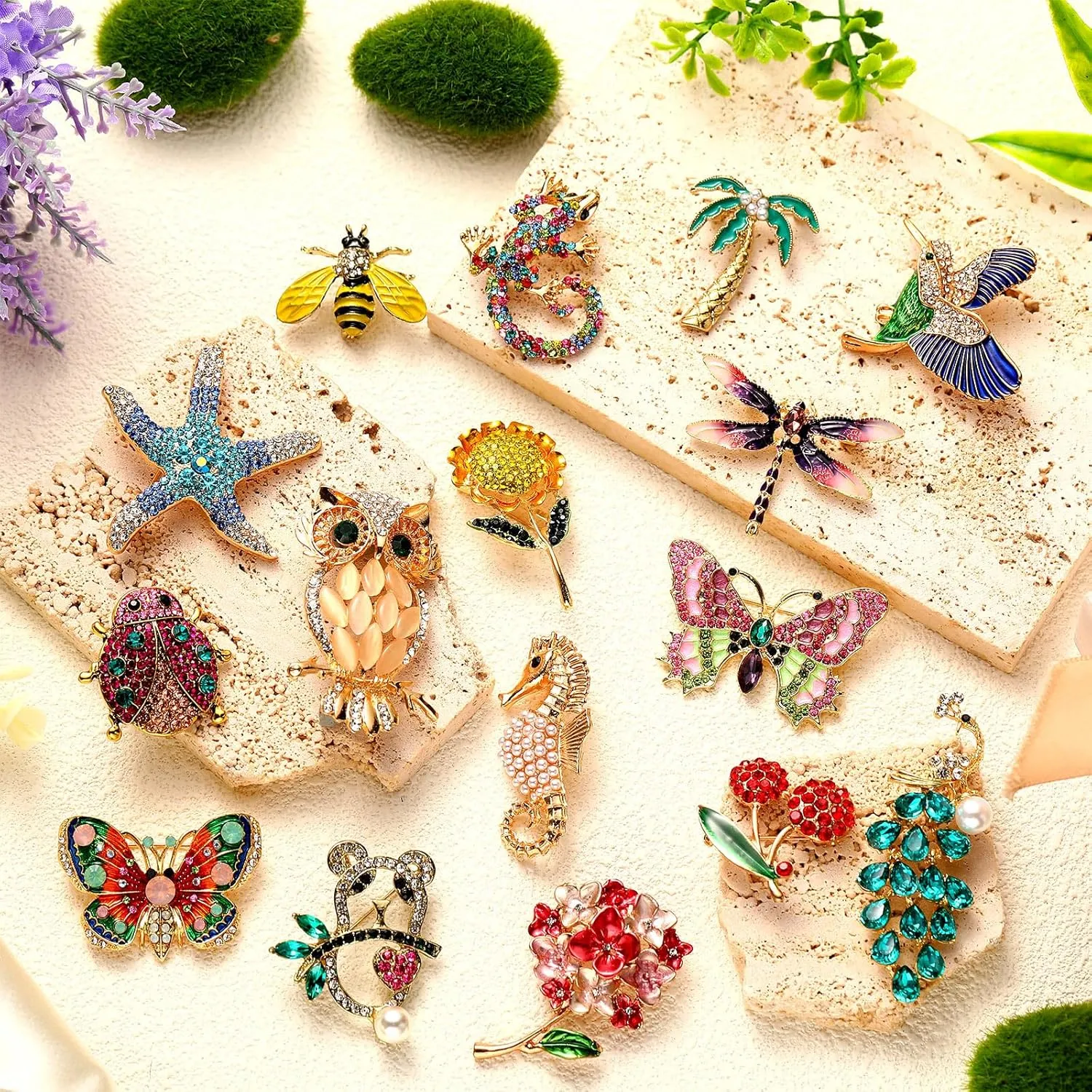 Sasylvia 16 Pcs Women Brooch Set Rhinestone Vintage Animal Insect Plant Pins Brooches Bulk for Women Girls Mother's Day Gifts