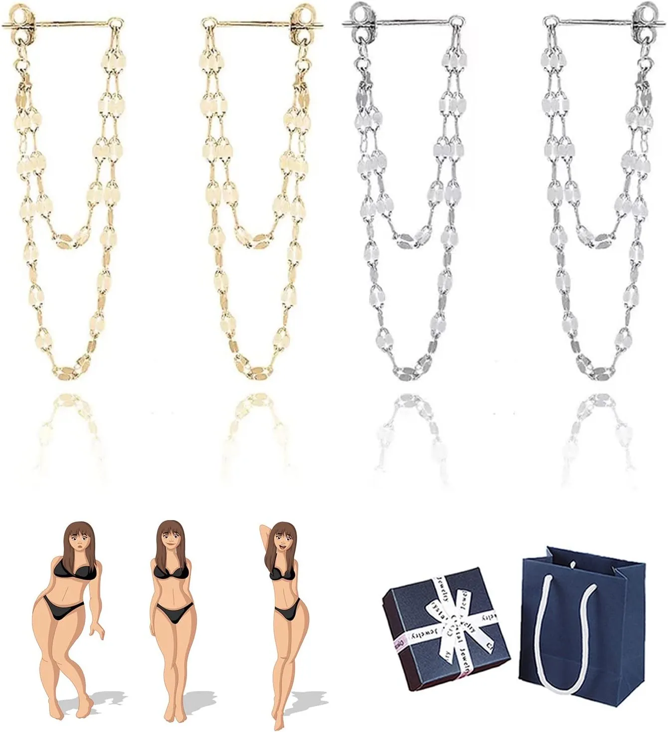 Sequins Chain Tassel Earrings, 18K Gold Plated Chain Tassel Piercing Earring, Shiny Sequins Tassel Dangle Drop Earrings, Long Tassel Chain Drop Earrings for Women and Girls (2Pcs)