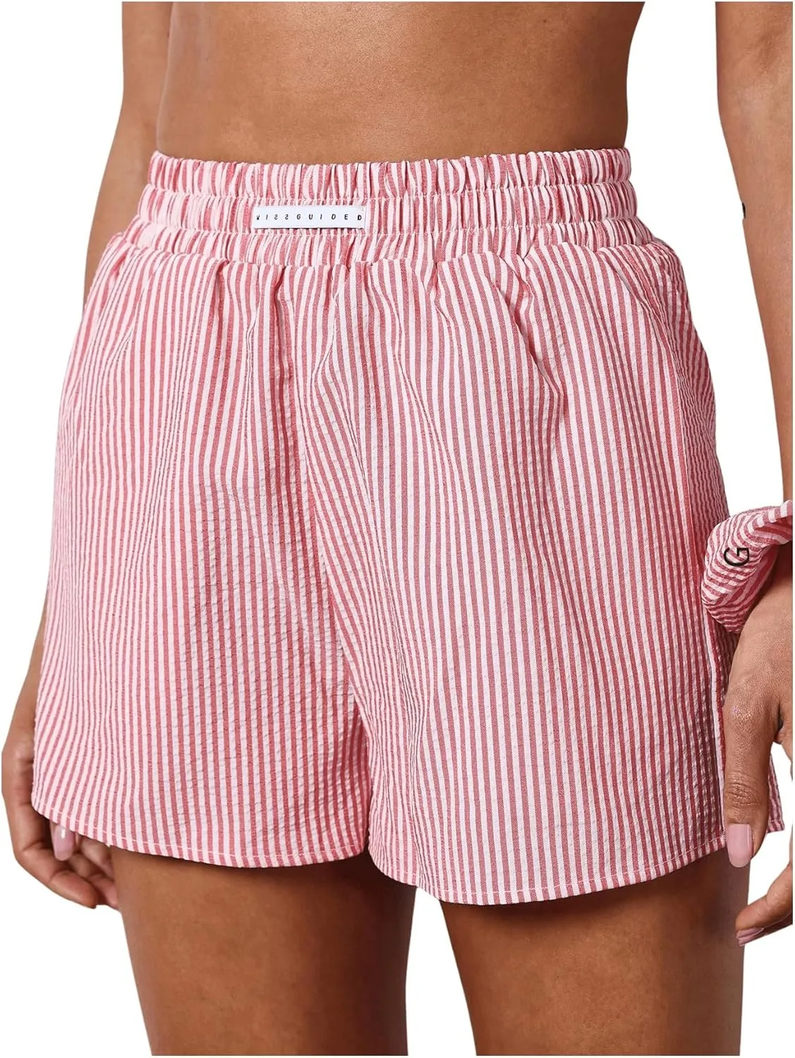 SHENHE Women's Striped Boxer Shorts Elastic High Waist Casual Summer Shorts with Pockets