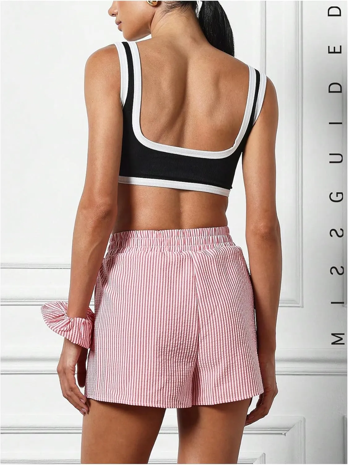SHENHE Women's Striped Boxer Shorts Elastic High Waist Casual Summer Shorts with Pockets
