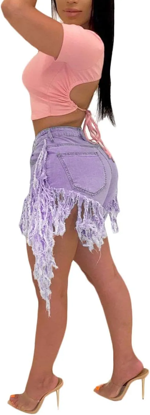 SIAEAMRG Jean Shorts for Women Juniors, Summer High Waisted Stretchy Frayed Raw Hem Tassels Denim Shorts