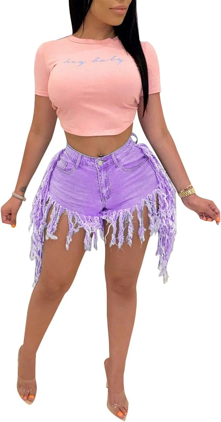SIAEAMRG Jean Shorts for Women Juniors, Summer High Waisted Stretchy Frayed Raw Hem Tassels Denim Shorts