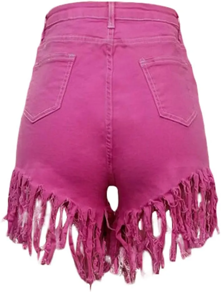 SIAEAMRG Women's Juniors Denim Shorts, High Waisted Frayed Raw Hem Tassels Short Pants Jeans