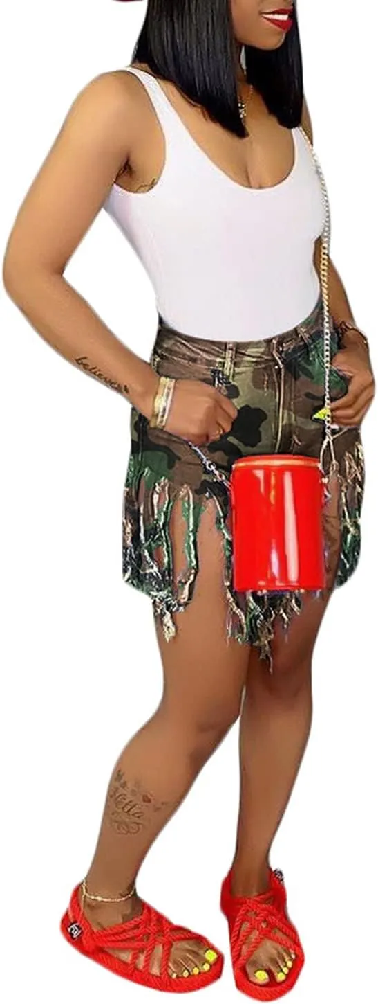 SIAEAMRG Women's Juniors Denim Shorts, High Waisted Frayed Raw Hem Tassels Short Pants Jeans