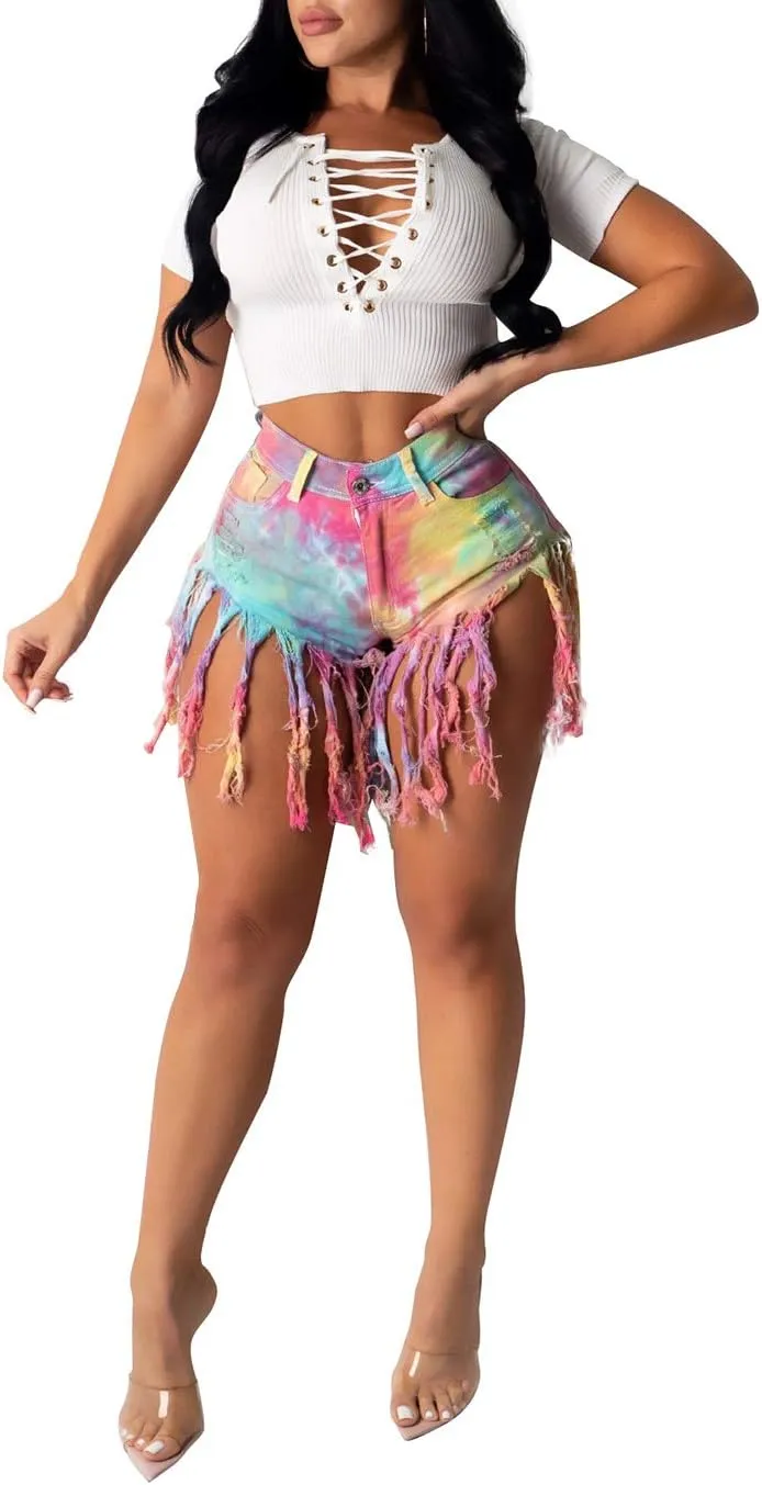 SIAEAMRG Women's Juniors Denim Shorts, High Waisted Frayed Raw Hem Tassels Short Pants Jeans