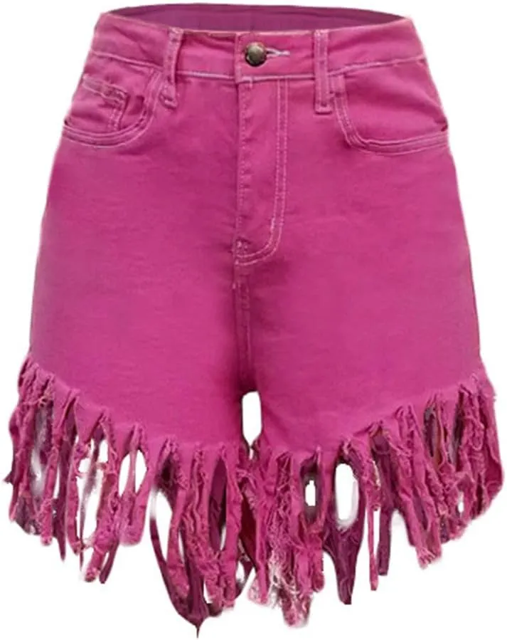 SIAEAMRG Women's Juniors Denim Shorts, High Waisted Frayed Raw Hem Tassels Short Pants Jeans