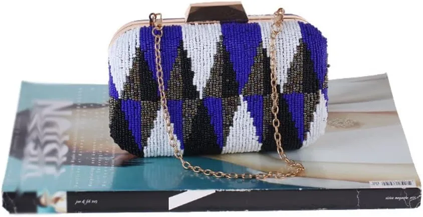 Side Beading Women Evening Metal Chain Shoulder Handbags V Design Party Day Clutch Purse