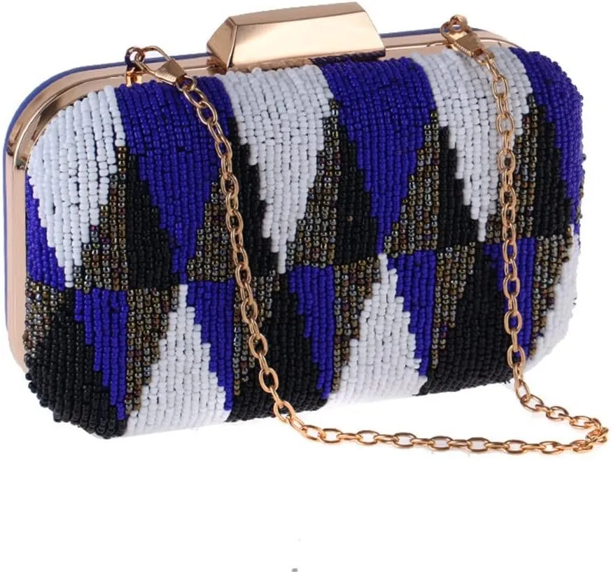 Side Beading Women Evening Metal Chain Shoulder Handbags V Design Party Day Clutch Purse