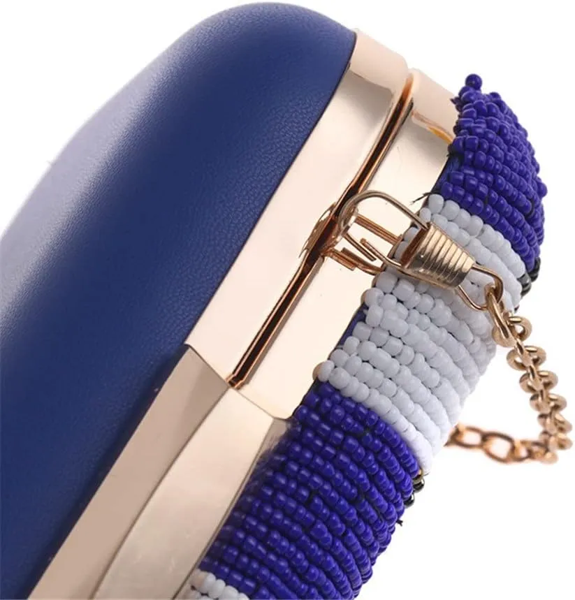 Side Beading Women Evening Metal Chain Shoulder Handbags V Design Party Day Clutch Purse