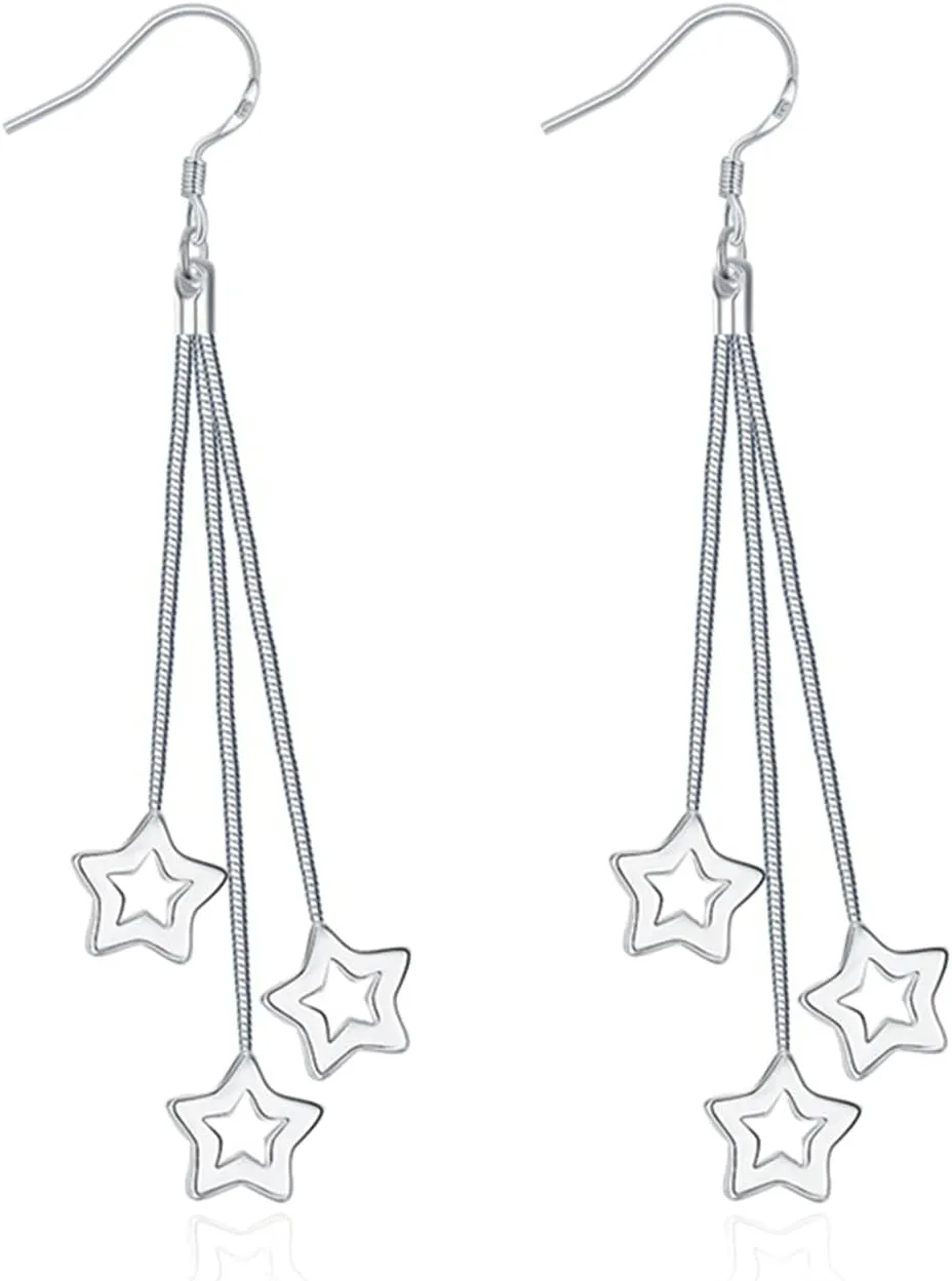 Silver Star Stud Earrings for Women Tassel Earrings Star Drop Long Chain Charm Earrings Pearl Earrings Hypoallergenic Jewelry