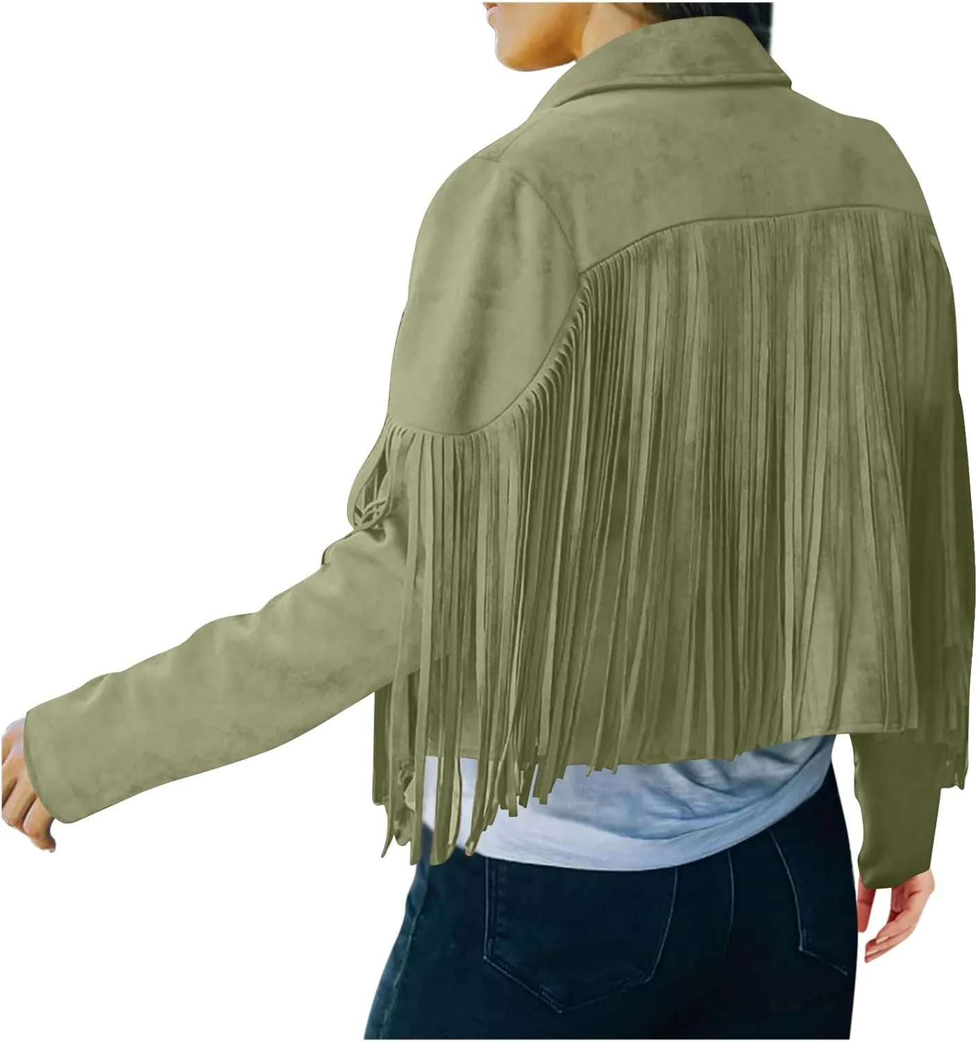 Sinzelimin Women's Crop Suit Jackets Fashion Tassels Cardigan Coat Faux Suede Leather Cowboy Style Long Sleeves Clubwear Coat