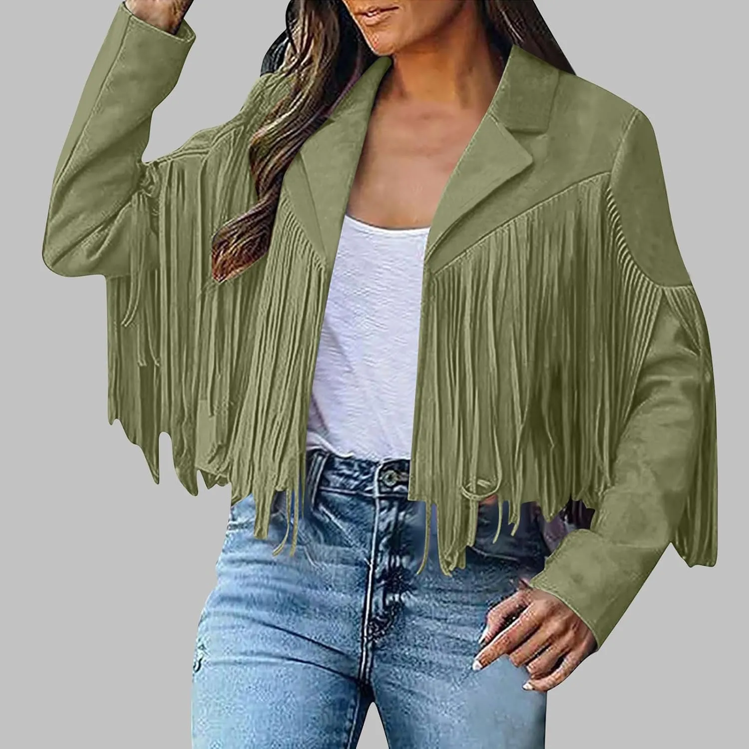 Sinzelimin Women's Crop Suit Jackets Fashion Tassels Cardigan Coat Faux Suede Leather Cowboy Style Long Sleeves Clubwear Coat