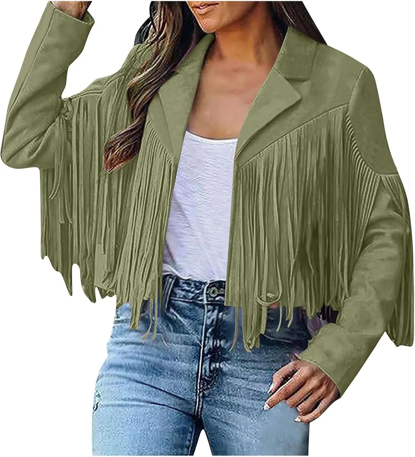Sinzelimin Women's Crop Suit Jackets Fashion Tassels Cardigan Coat Faux Suede Leather Cowboy Style Long Sleeves Clubwear Coat