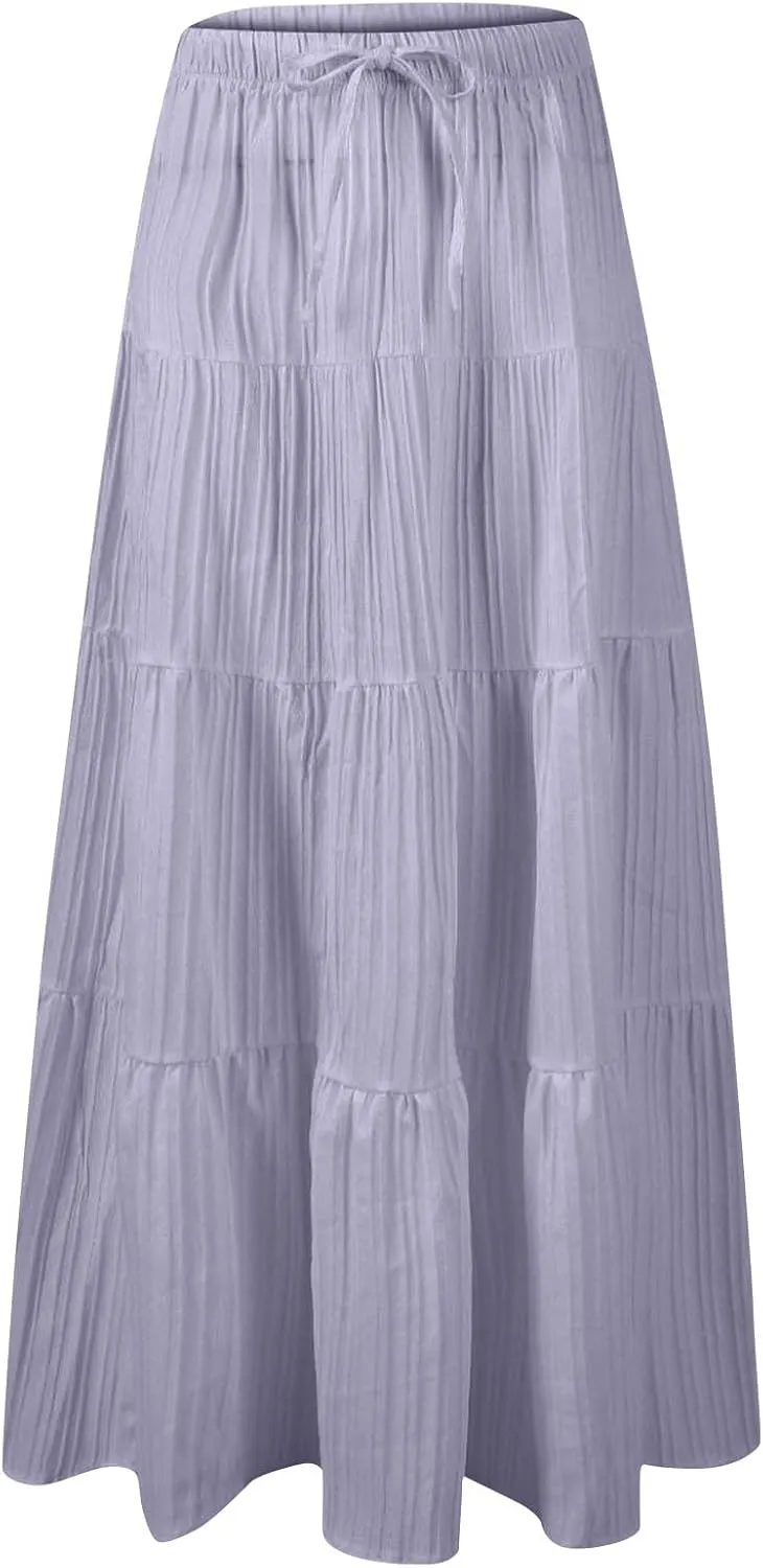 Sinzelimin Women's Maxi Skirts Fashion Solid Color Lace up Elastic Waist Pleated Dresses Boho Swing Tiered A-Line Skirt Skort